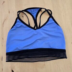 RBX Women's Sports Bra Size Large Blue Black Sheer Mesh pull over Missing Cups